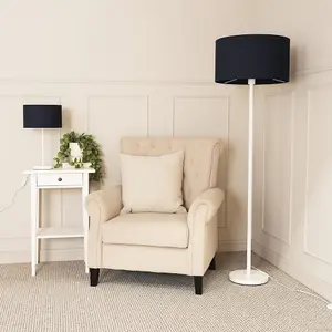 ValueLights Charles White Single Stem Floor Lamp with Black Drum Lamp Shade and LED Bulb