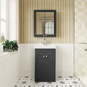 Traditional Floor Standing 2 Door Vanity Unit with 1 Tap Hole Fireclay Basin, 500mm - Soft Black