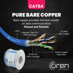 Oren CAT6A 100m Ethernet Cable - 23 AWG Pure Copper Wire - 500 MHz Bandwidth U/FTP Internet LAN Network Cable - Halogen Free