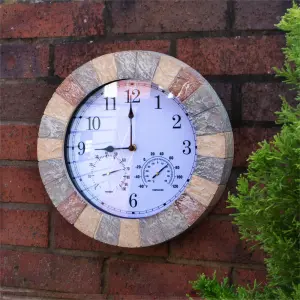 Stone Effect 13" Outdoor Indoor Wall Clock with Thermometer & Hygrometer