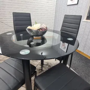 Round Glass Black Kitchen Dining Table With Storage Shelf And 4 Black Metal Chairs Set