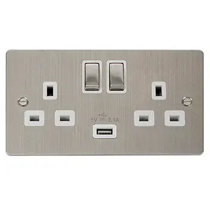 Flat Plate Stainless Steel 2 Gang 13A DP Ingot 1 USB Twin Double Switched Plug Socket - White Trim - SE Home