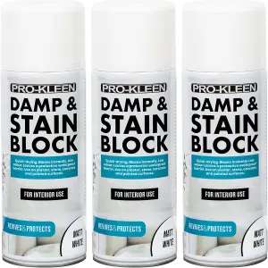 Pro-Kleen Damp & Stain Block Spray Primer - Covers Damp, Mould, Grease & Rust Stains 500ml x3