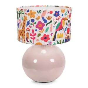 ValueLights Bosco Stone Natural Ceramic Table Lamp with Jungle Print Drum Shade - LED Bulb Included