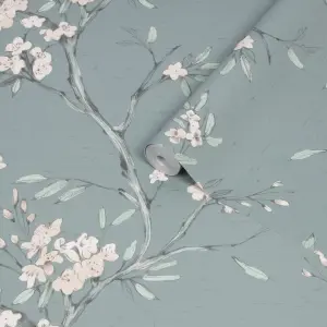 Superfresco Easy Duck egg Oriental blossom Embossed Wallpaper