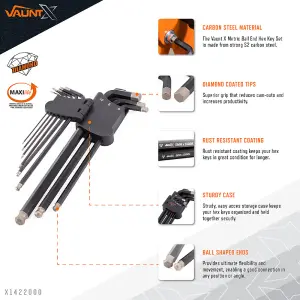 Vaunt X 9 Piece Metric Ball End Diamond Tipped Hex Allen Key Set Carbon Steel