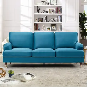 Woodbury 218cm Wide 3 Seat Teal Velvet Fabric Sofa Walnut Colour Legs with Brass Coloured Wheel