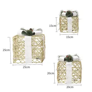 Set of 3 Rattan Weaving LED Light Up Christmas Gift Box Glitter Party Xmas Tree Decor Parcel Presents Set with Bow