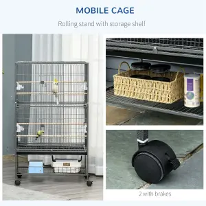 PawHut Large Bird Cage Budgie Cage for Finch Canaries Parakeet with Rolling Stand, Slide-out Tray, Storage Shelf, Dark Grey