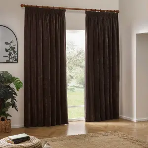 Yard Heavy Chenille Velvet Brown Pencil Pleat Curtains, 229 x 229cm