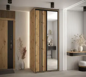 Charming Oak Artisan Mirrored Wardrobe H2050mm W1000mm D600mm with Customisable Black Steel Handles and Decorative Strips