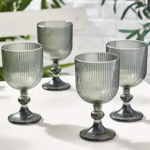 Set of 8 Vintage Luxury Grey Ribbed Drinking Wine Glass Wine Goblets 360ml