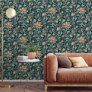 Grandeco Marian Floral trail Navy & terracotta Smooth Wallpaper