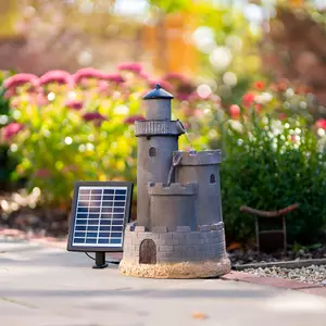 Primrose Solar Powered Grey Castle Cascading Water Feature With Battery Backup and Lights H49cm