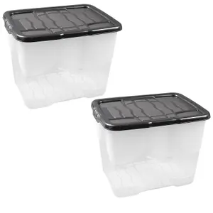 3 x 10 Litre Clear Transparent Base Stackable Curve Plastic Storage Boxes With Black Lids