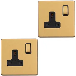 2 PACK 1 Gang DP 13A Switched UK Plug Socket SCREWLESS SATIN BRASS Wall Power