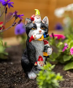 Resin Gnome Eating Cat Ornament Colourful Outdoor Indoor Decoration for Home Patio Decking