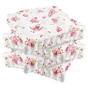 Set of 4 Pink Floral Print Indoor Style Dining Chair Seat Pad Box Cushions