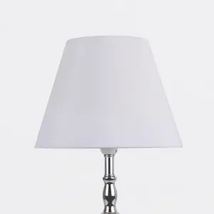 First Choice Lighting Chrome Plate Bedside Table Light with Detailed Column and White Fabric Shade