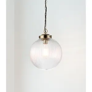 Bateson 1 - Light Globe Pendant Antique Brass/Clear Ribbed Glass / 100cm H x 25cm W x 25cm D