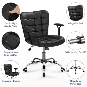 Yaheetech PU Leather Adjustable Desk Chair with Padded Armrests and Rolling Wheels - Black