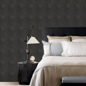 Galerie Organic Textures Black Chevron Wood Textured Wallpaper