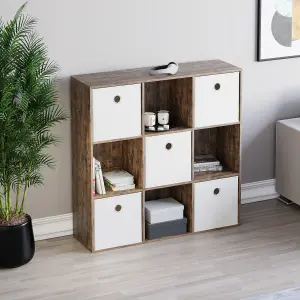 Vida Designs Durham Dark Wood 3x3 Cube Storage Unit & Set of 5 White Foldable Cube Storage Baskets