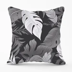 Black White Tropical Leaves Outdoor Cushion 45cm x 45cm