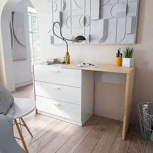 Gothenburg White and Oak Space Saving Chest of Drawer Desk