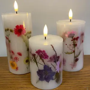 Set of 3 Dried Flower Embedded Real Wax LED Flame Candles - Battery Powered Candle Lights with Floral Design - H18, H12 & H10cm