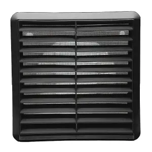 Kair Black Louvred Wall Vent Grille 183mm External Dimension with Flyscreen and Round 150mm - 6 inch Rear Spigot