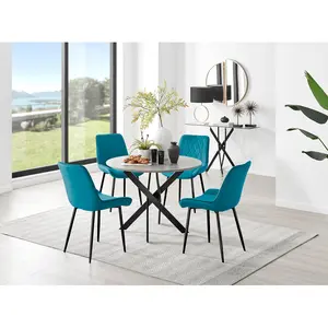 Tierra Modern Chrome Metal & Glass Round Dining Table Set with 4 Luxury Velvet Dining Chairs Black / Blue/Black / 75 x 100 x 100cm