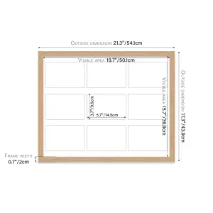 20x16 Inch 9 Opening Photo Collage Frame, Display Nine 6x4 Inch Photos, Multi Aperture Family Picture Frame, Oak