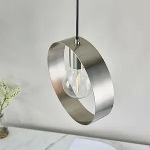 Hanging Ceiling Pendant Light Brushed Nickel Hoop Shade Industrial Chic Lamp