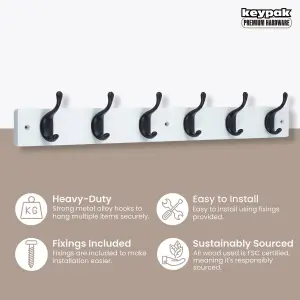 keypak 6 Matte Black Coat Hooks on White Wooden Board - 68cm Modern Wall Mounted Coat Rack Clothes Hanger