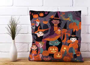 A Vibrant Illustration Of Witches And Pumpkin Cushions 60cm x 60cm