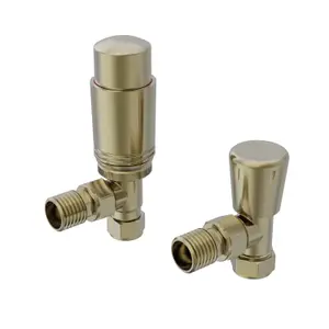 Right Radiators Brushed Brass Angled TRV Thermostatic & Lockshield Radiator Valves 15mm x 1/2" One Pair