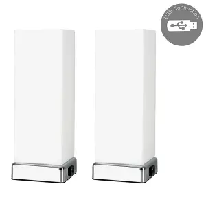 ValueLights Lazio Pair of Chrome and White Modern Frosted Glass Bedside Touch Table Lamps with USB Charging Ports