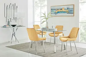 Cosmo Rectangular Chrome Metal And Glass Dining Table for Modern Dining Room With 4 Mustard Velvet Pesaro Dining Chairs