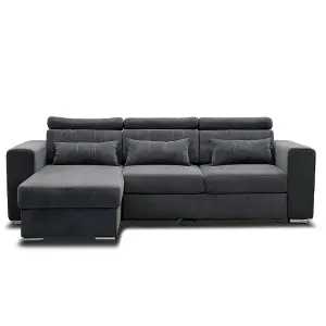 Miami Grey Fabric Reversible L Shaped Corner Sofa Bed with Storage and Headrests 3-4 Seater