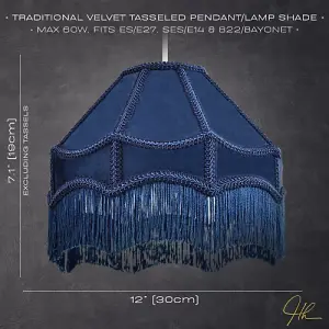 Traditional Victorian Empire Lampshade in Midnight Blue Velvet with Tassels