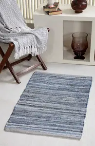 DENIM Blue Rug Washable Cotton Flat Weave / 90 cm x 150 cm