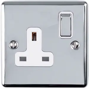 3 PACK 1 Gang Single UK Plug Socket POLISHED CHROME 13A Switched White Trim