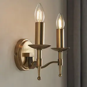 Luminosa Stanford 2 Light Indoor Twin Candle Wall Light Antique Brass, E14