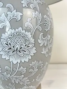 Grey Floral Ceramic Table Lamp with Plain Shade