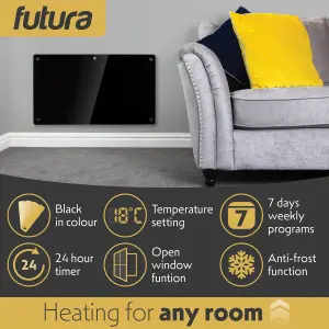 Futura Electric Panel Heater 1500W Black Wall Mounted & Free Standing Glass Timer Thermostat Control Lot 20