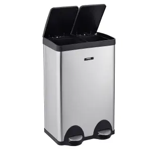 Cooks Professional Kitchen Rubbish Recycling Pedal Bin 60L 2 Waste Compartment Hands-Free Silver