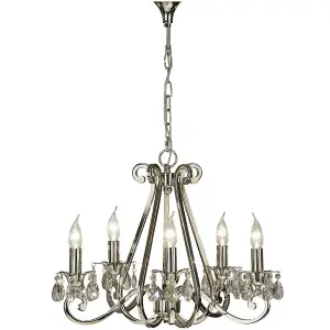 Esher Ceiling Pendant Chandelier Polished Nickel & Crystal Curved 5 Lamp Light