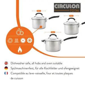 Circulon Total Silver Round Stainless Steel Induction Suitable Non-Stick Saucepan Set with Lids Pack of 3