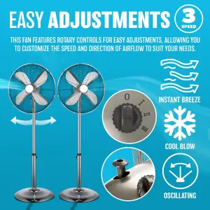 16" Chrome Pedestal Oscillating Stand Standing Cooling Fan Home Cool Air Tower